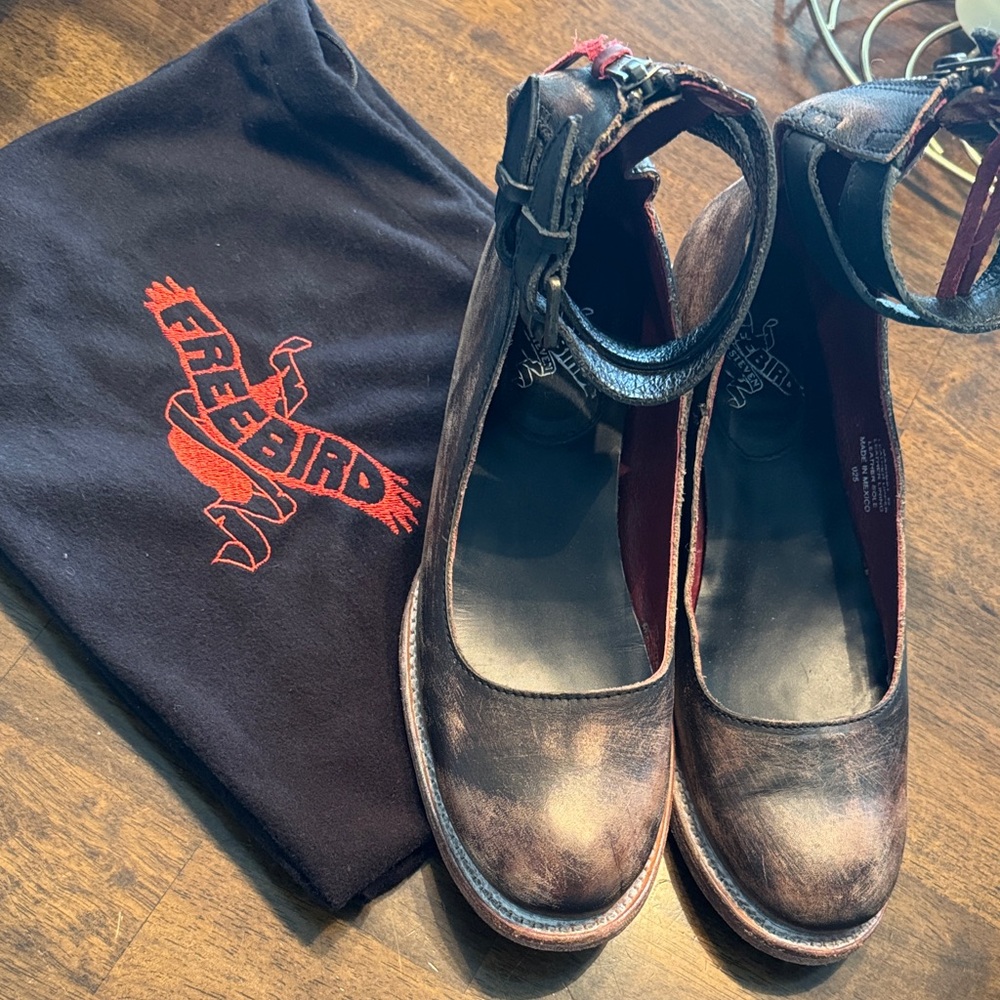 freebird Brown Distressed Leather Heeled Ankle Strap Boots